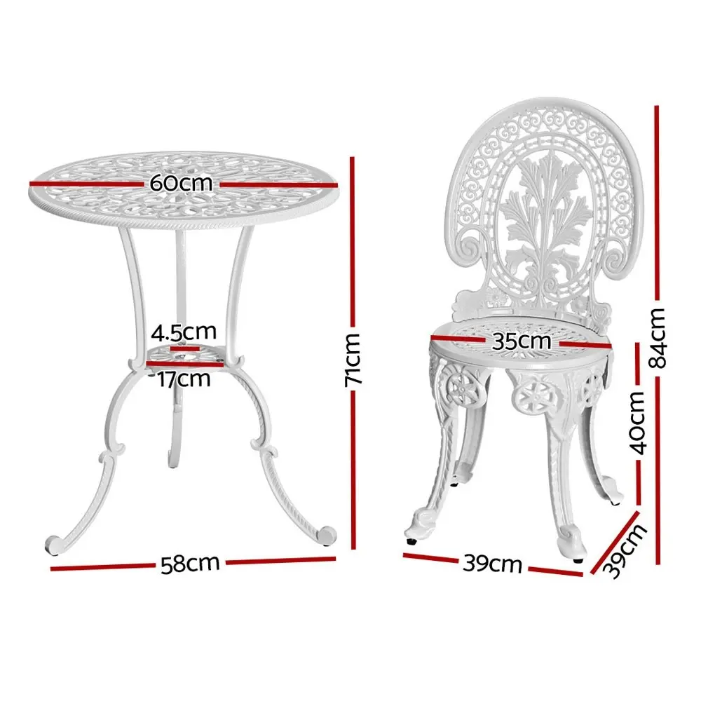 Gardeon 3PC Patio Furniture Outdoor Bistro Set Dining Chairs Cast Aluminium White