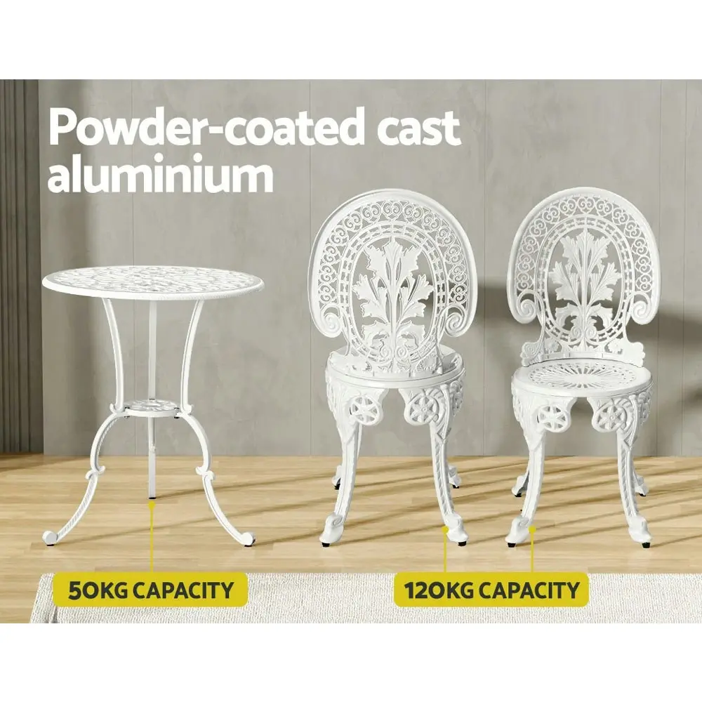 Gardeon 3PC Patio Furniture Outdoor Bistro Set Dining Chairs Cast Aluminium White