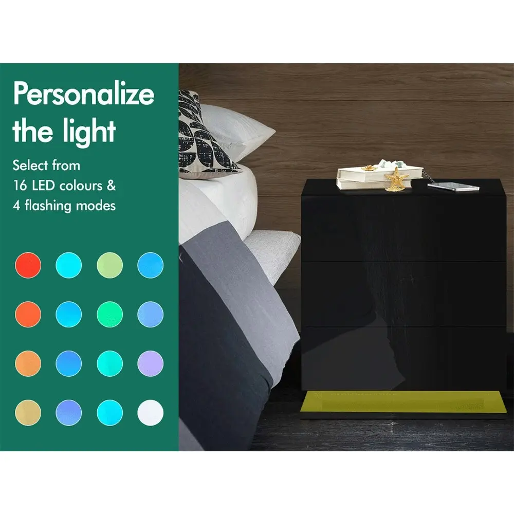 Alfordson 2x Bedside Table Gloss LED Black