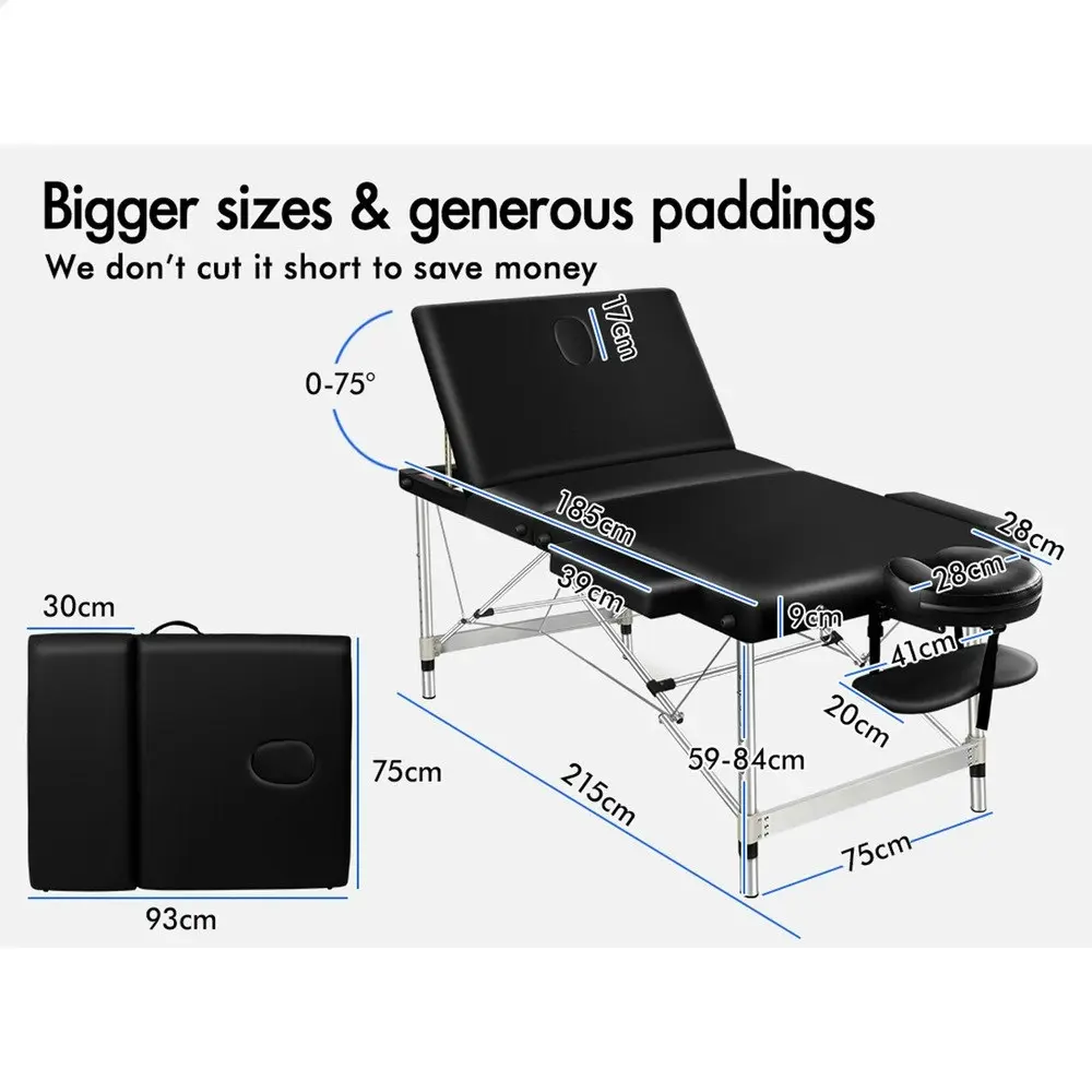 Alfordson Massage Table 3 Fold 75cm Black