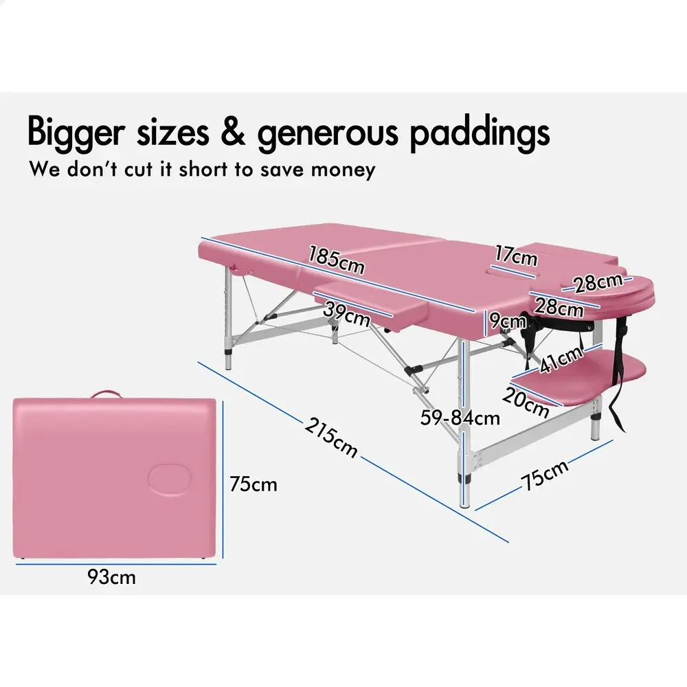 Alfordson Massage Table 2 Fold 75cm Foldable Portable Bed Desk Aluminium Pink