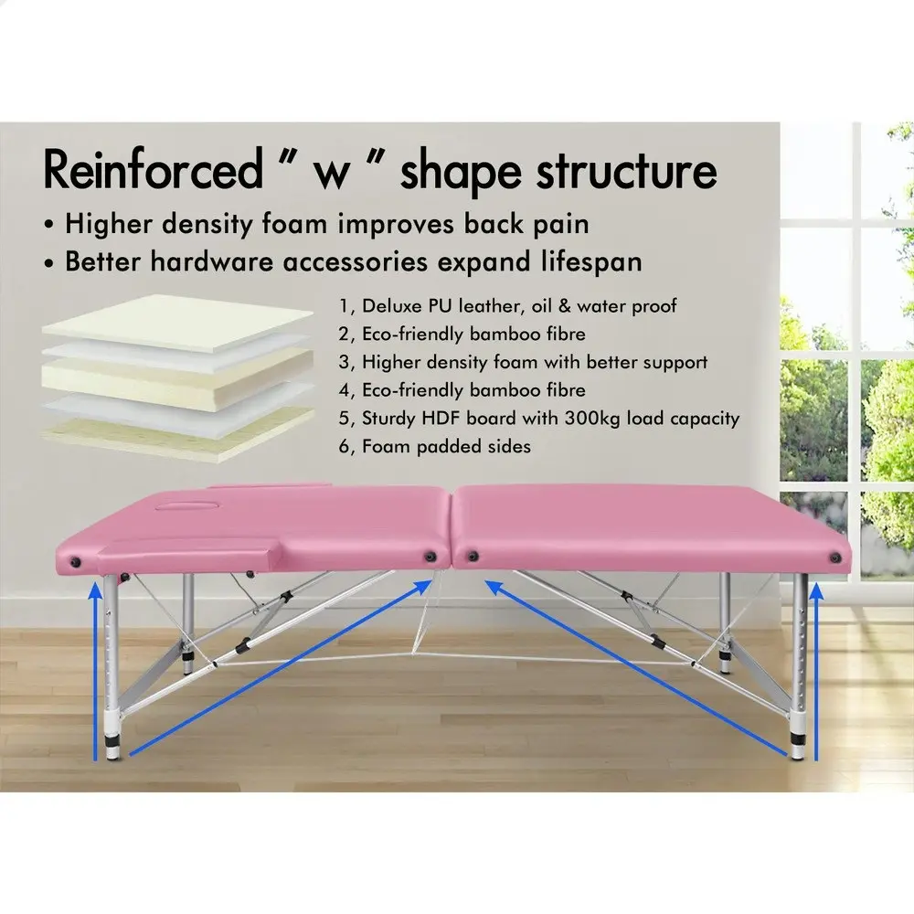 Alfordson Massage Table 2 Fold 75cm Foldable Portable Bed Desk Aluminium Pink