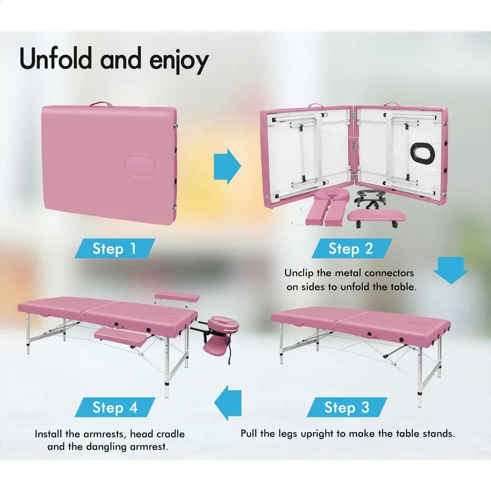 Alfordson Massage Table 2 Fold 75cm Foldable Portable Bed Desk Aluminium Pink