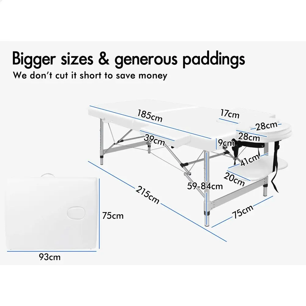 Alfordson Massage Table 2 Fold 75cm Foldable Portable Bed Desk Aluminium White