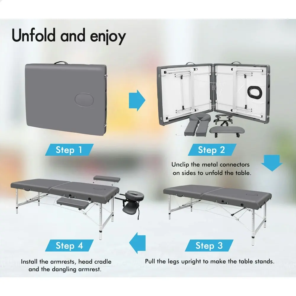 Alfordson Massage Table 2 Fold 55cm Foldable Portable Bed Desk Aluminium Grey