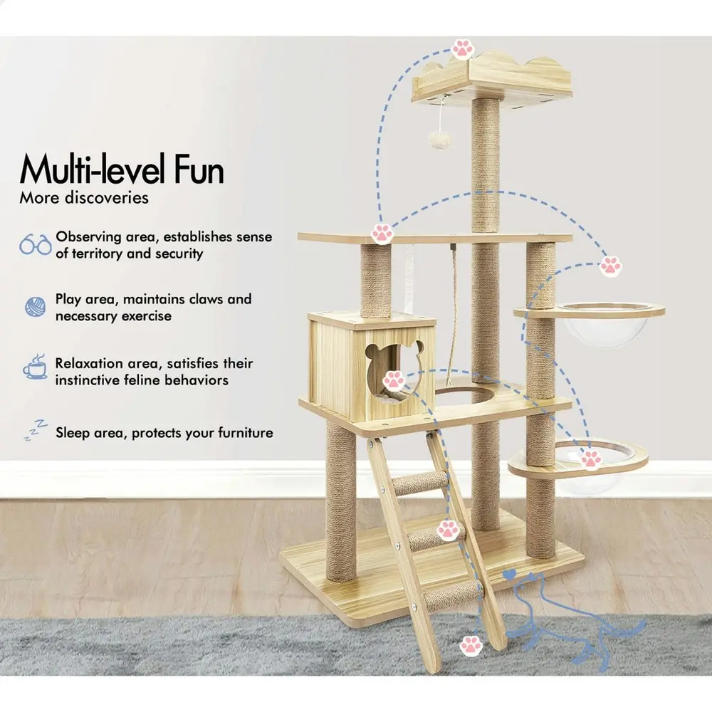 BEASTIE Cat Tree Tower Scratching Post Wood Scratcher Condo House Bed 141cm