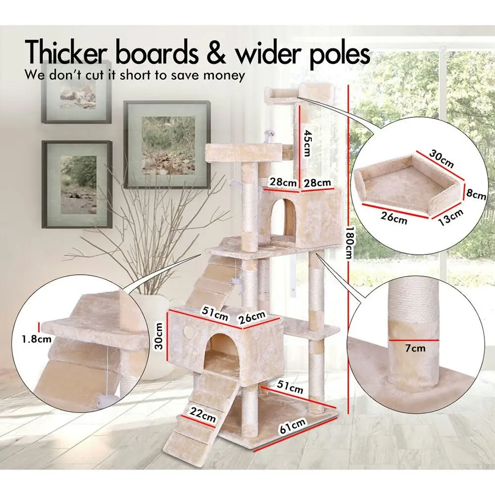 BEASTIE Cat Tree 180cm Beige Scratching Post Scratcher Tower