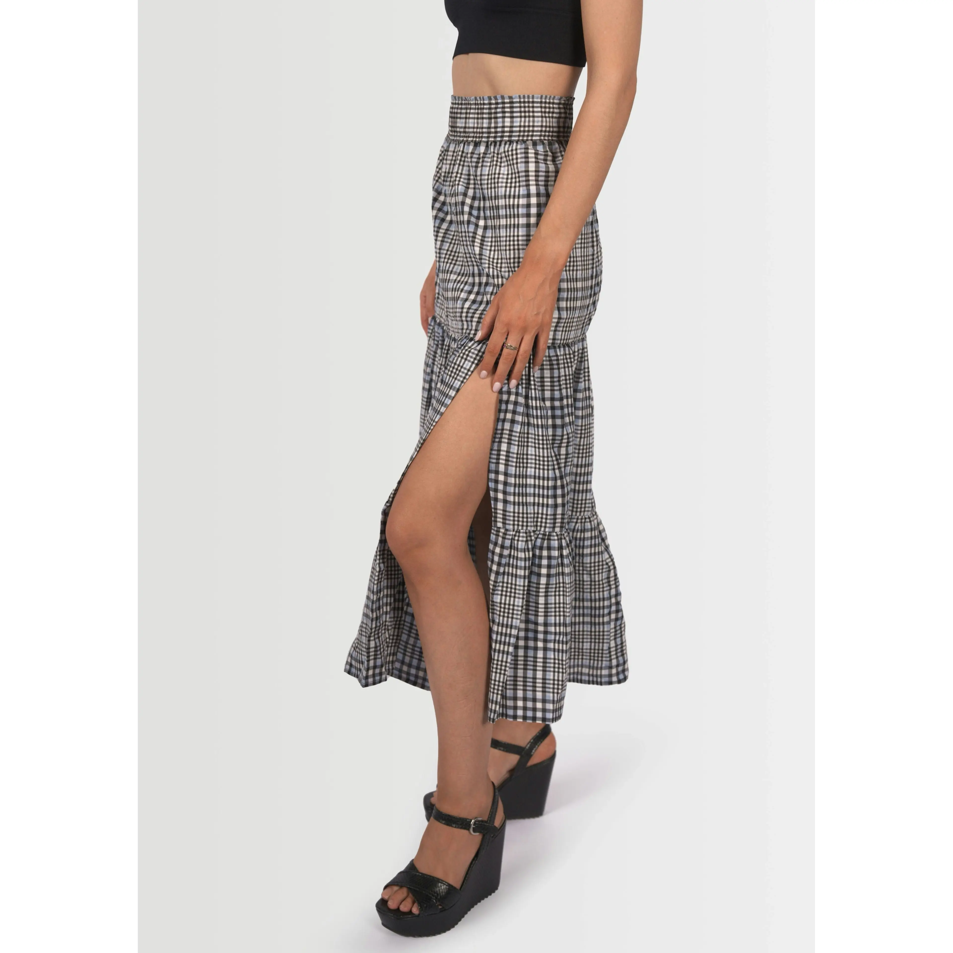 Topshop Women's Gingham Split Midi Skirt - Black, White & Blue