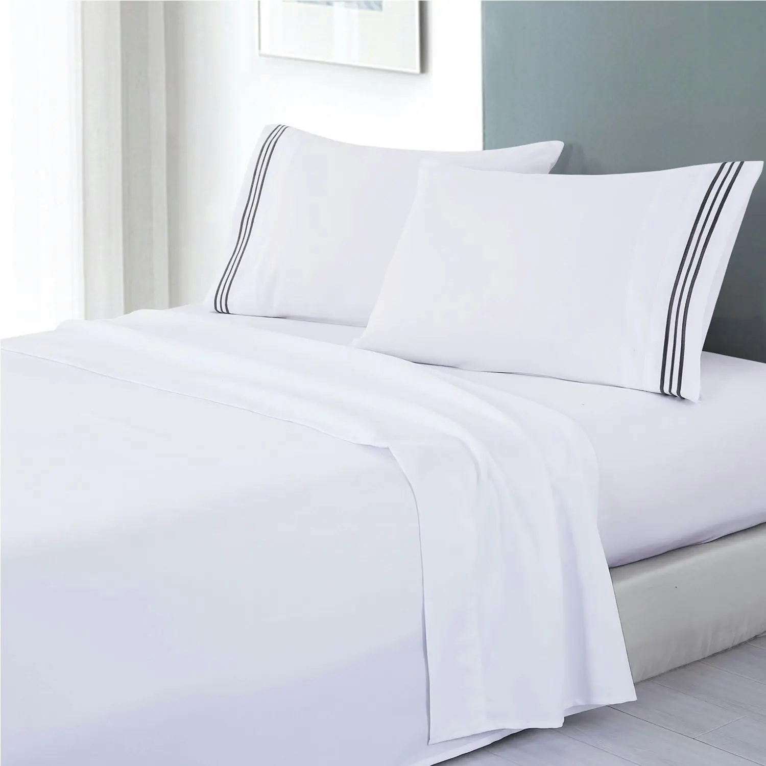 Opulenc White Soft Microfibre Sheet Set With Colourful Embroidered Stripe