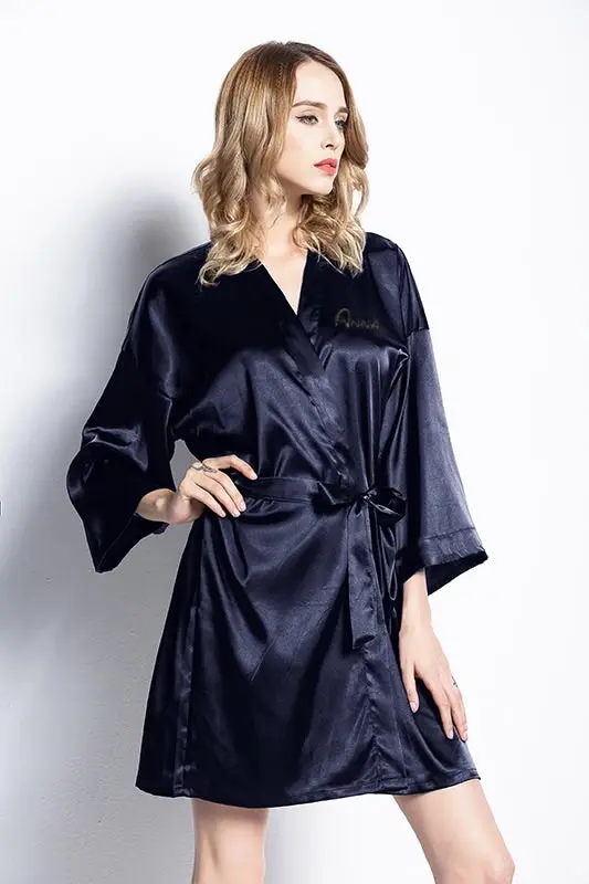 Softouch Satin Kimono Robe In Navy