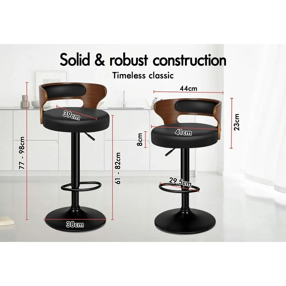 Alfordson 2x Bar Stool Kitchen Swivel Chair Wooden Leather Gas Lift Ramiro Black