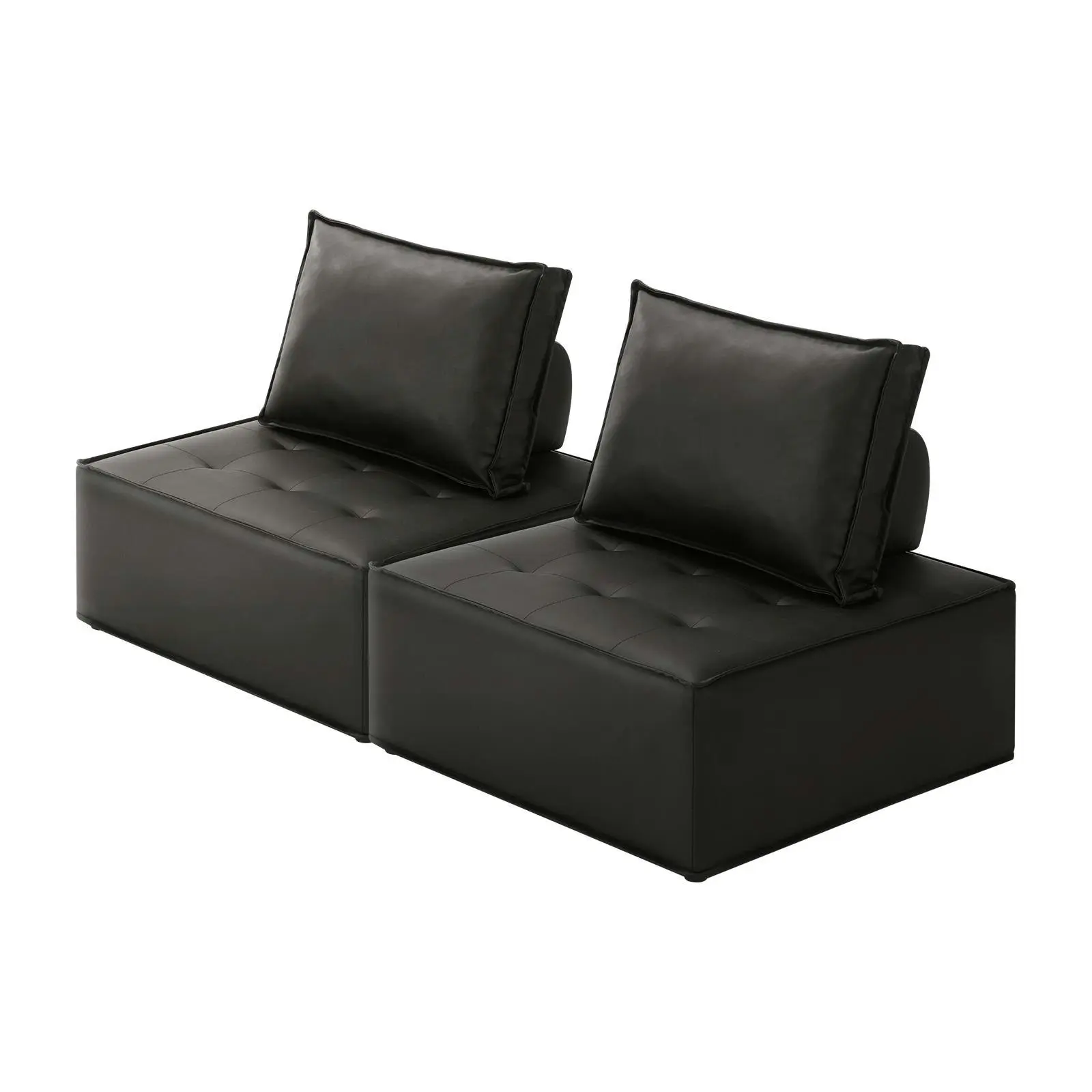 Oikiture 2PC Modular Sofa Lounge Chair Armless TOFU Back PU Leather Black