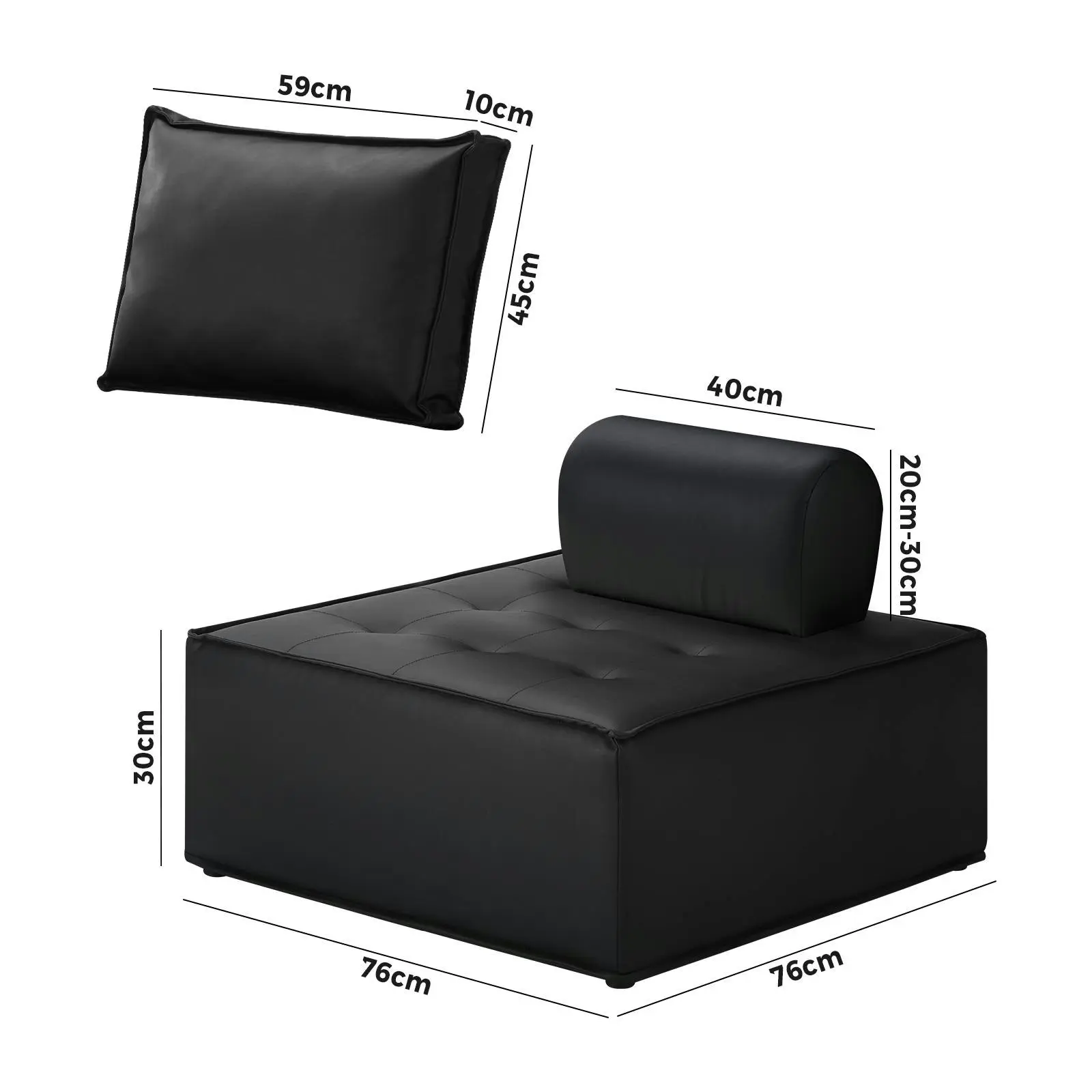 Oikiture 3PC Modular Sofa Lounge Chair Armless TOFU Back PU Leather Black