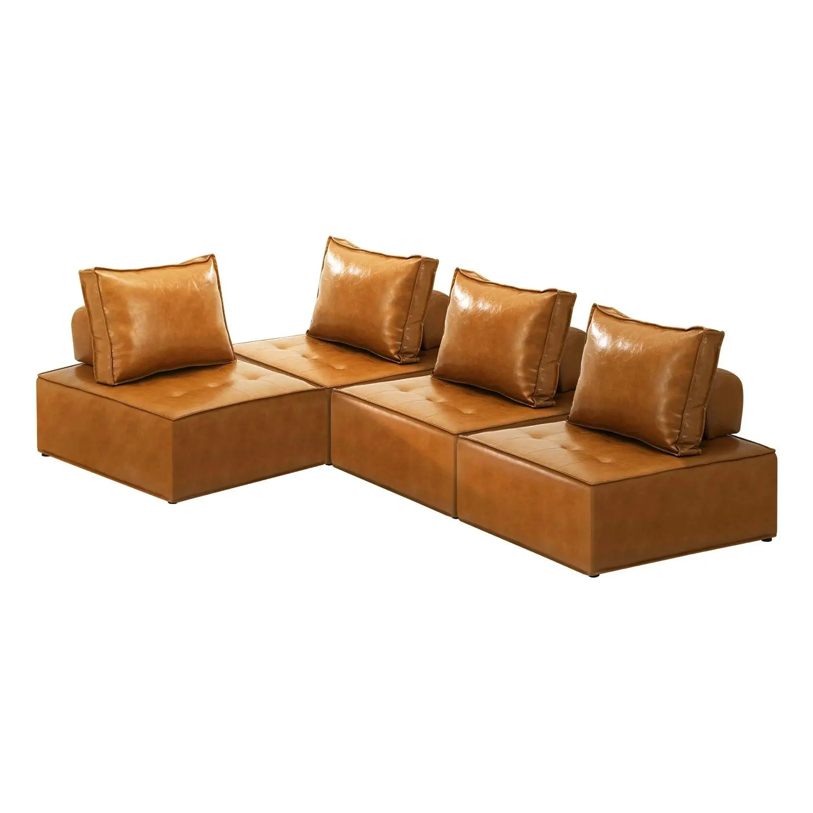 Oikiture 4PC Modular Sofa Lounge Chair Armless TOFU Back PU Leather Brown