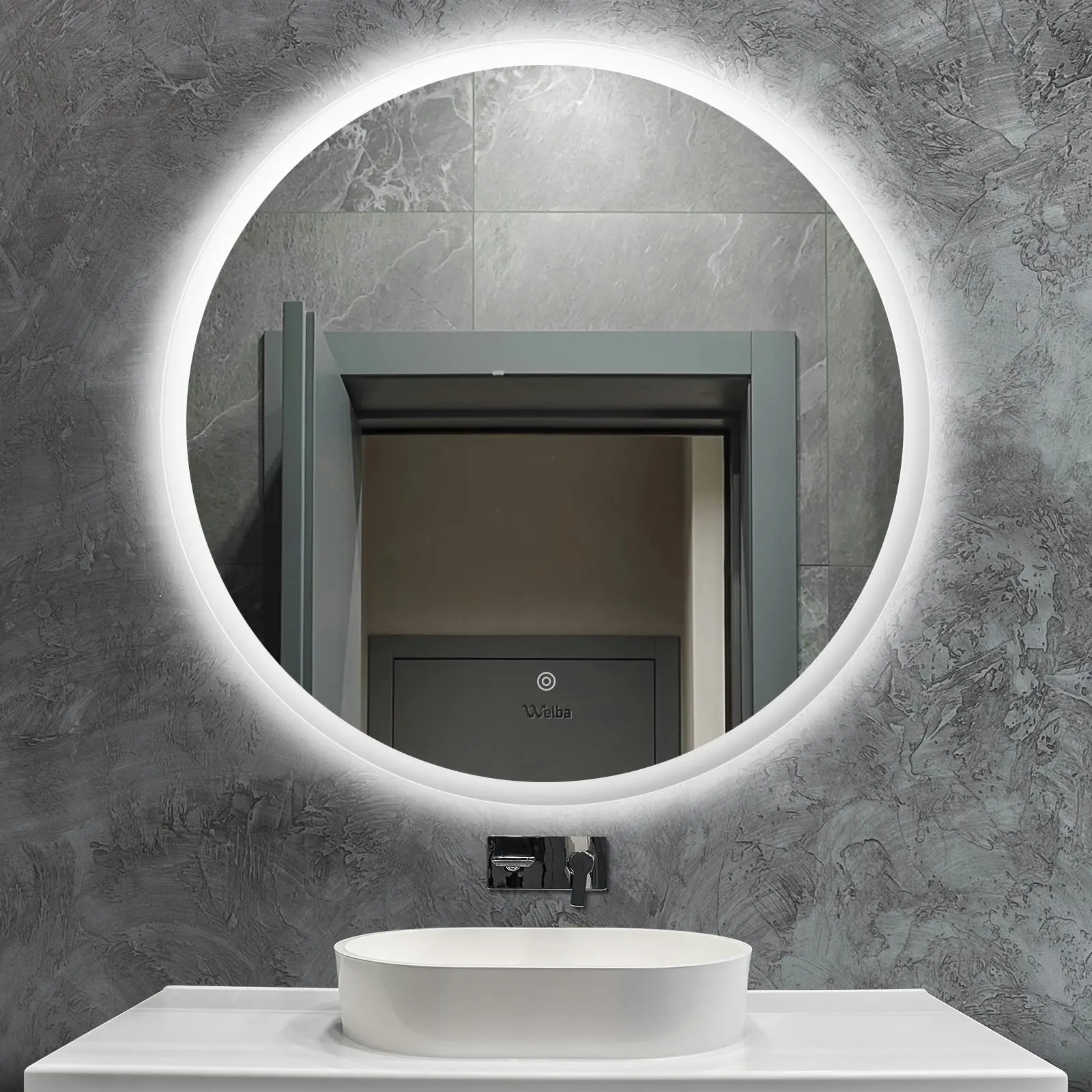 Welba 90cm LED Round Bathroom Mirror Anti-fog Large Makeup Wall Mirrors Vanity