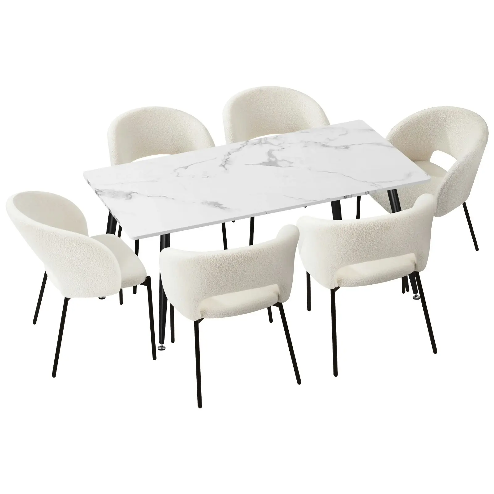 Oikiture 7PCS Dining sets 120cm Rectangle Table with 6PCS Chairs Sherpa White