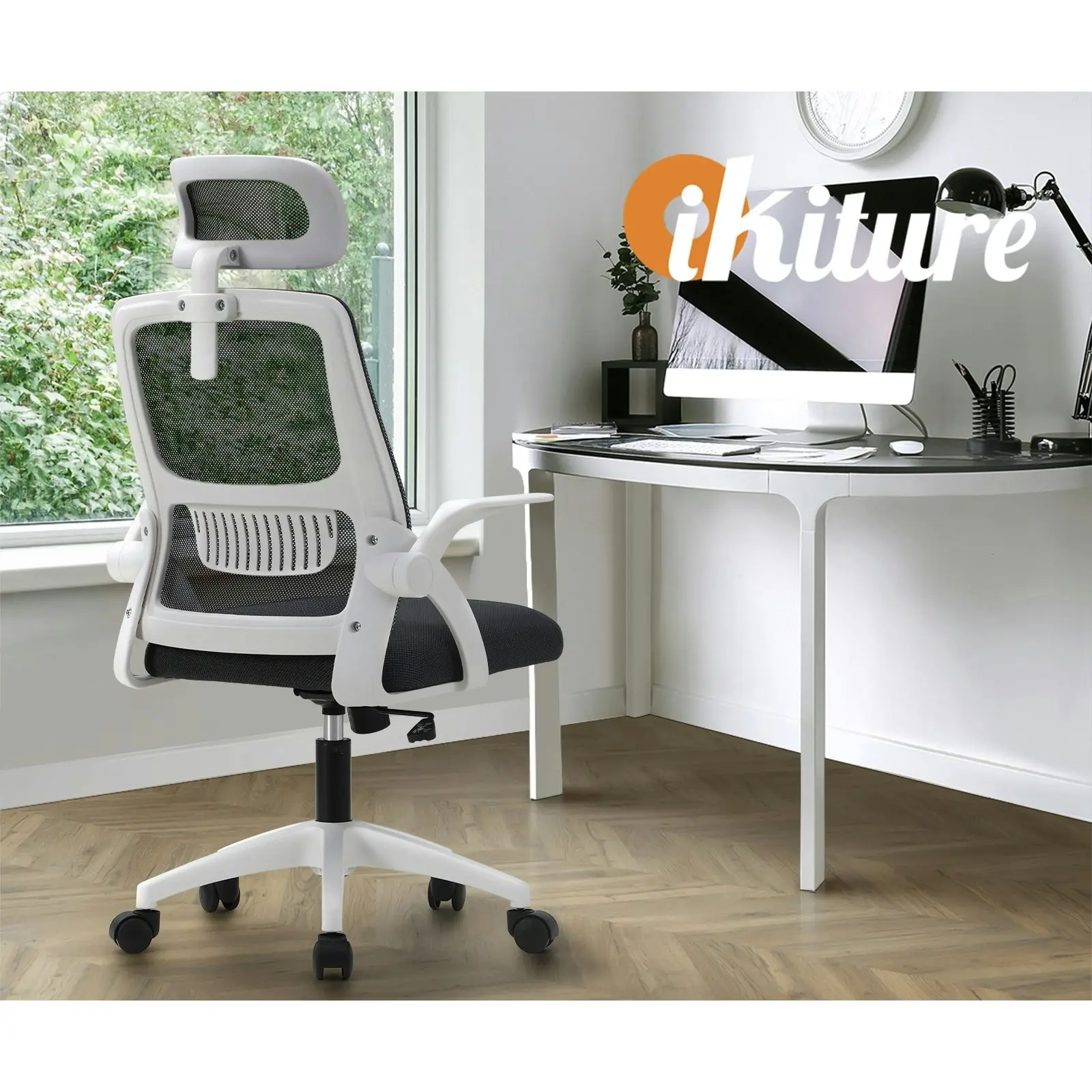 Oikiture Mesh Office Chair Executive Fabric Gaming Seat Racing Computer Dark Grey&White