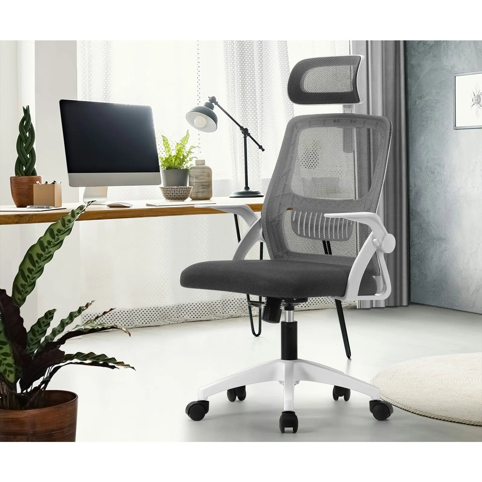 Oikiture Mesh Office Chair Executive Fabric Gaming Seat Racing Computer Dark Grey&White