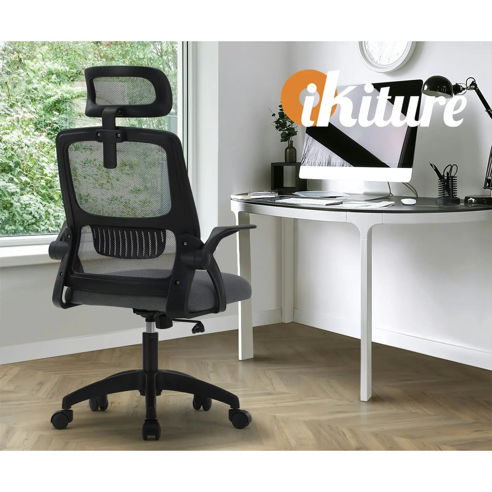 Oikiture Mesh Office Chair Executive Fabric Gaming Seat Racing Computer Dark Grey&Black