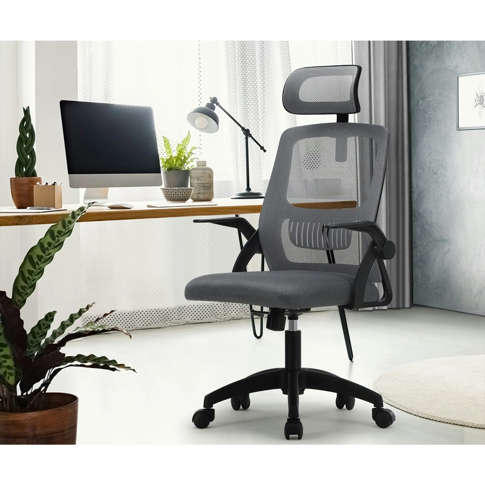 Oikiture Mesh Office Chair Executive Fabric Gaming Seat Racing Computer Dark Grey&Black