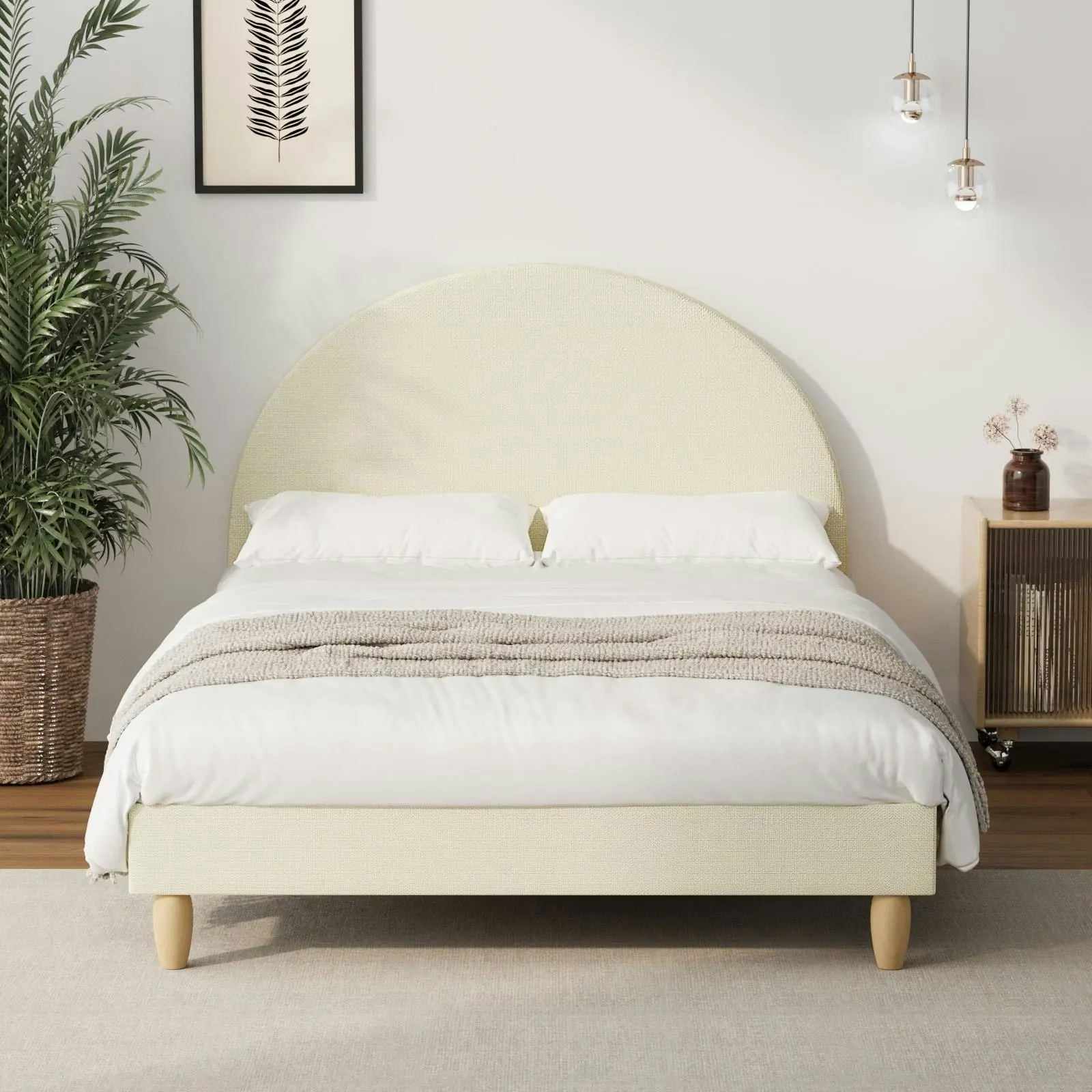 Oikiture Bed Frame King Single Size Beige Fabric Arched Beds Platform