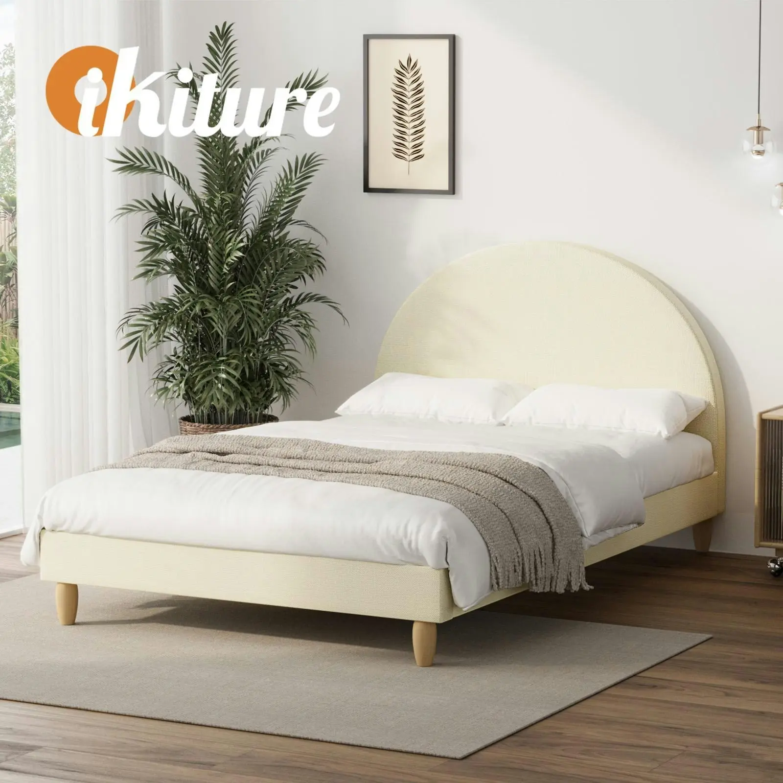 Oikiture Bed Frame King Single Size Beige Fabric Arched Beds Platform