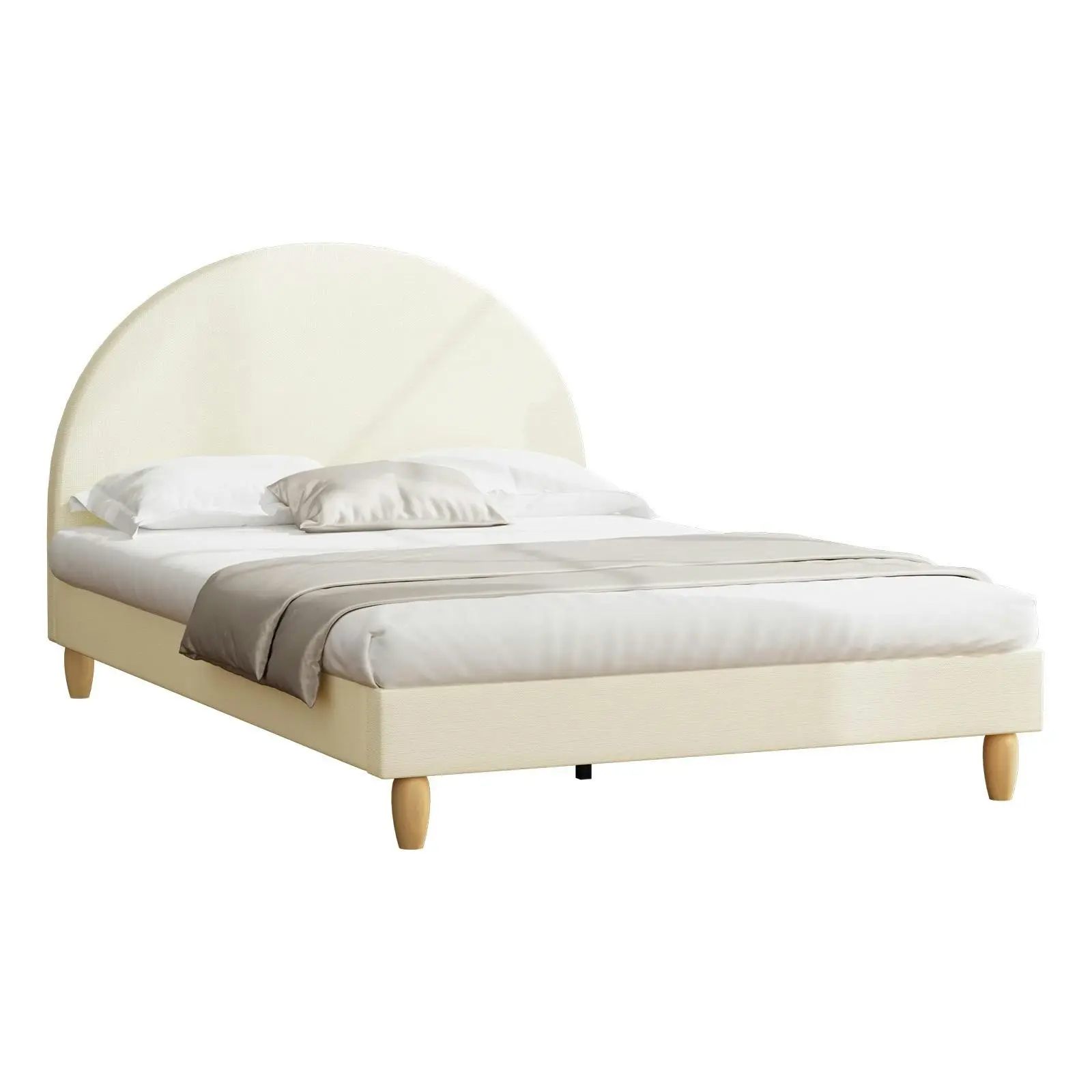 Oikiture Bed Frame King Single Size Beige Fabric Arched Beds Platform