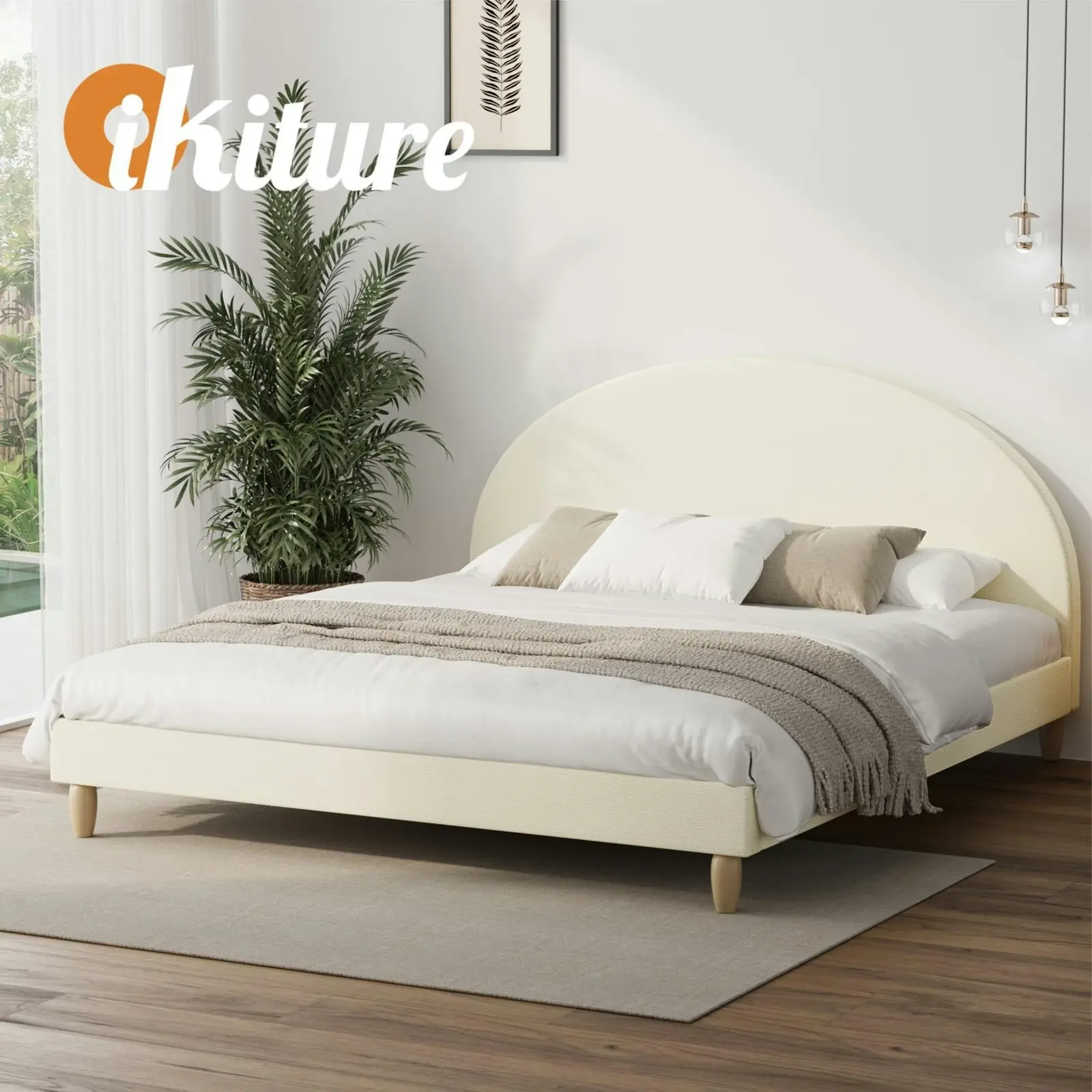 Oikiture Bed Frame King Size Beige Fabric Arched Beds Platform