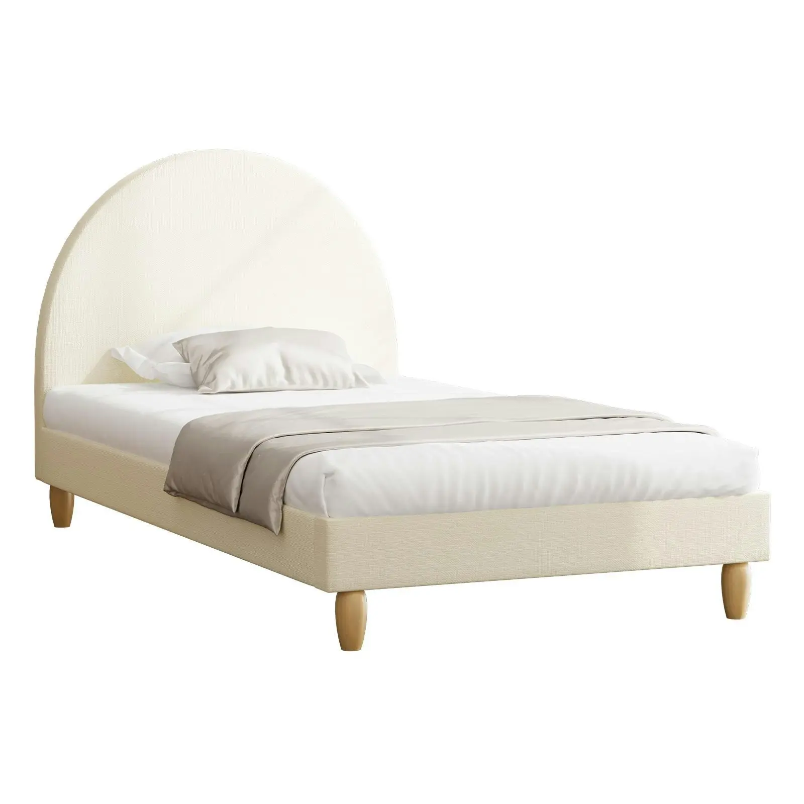 Oikiture Bed Frame Single Size Beige Fabric Arched Beds Platform