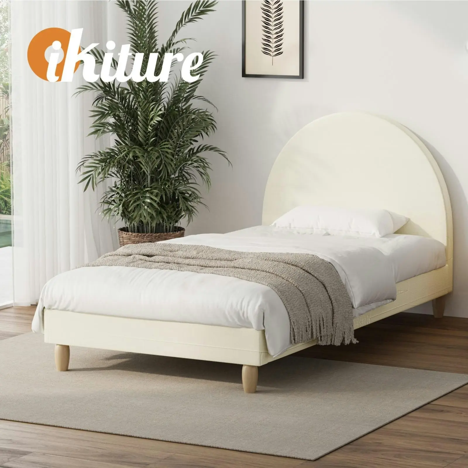 Oikiture Bed Frame Single Size Beige Fabric Arched Beds Platform