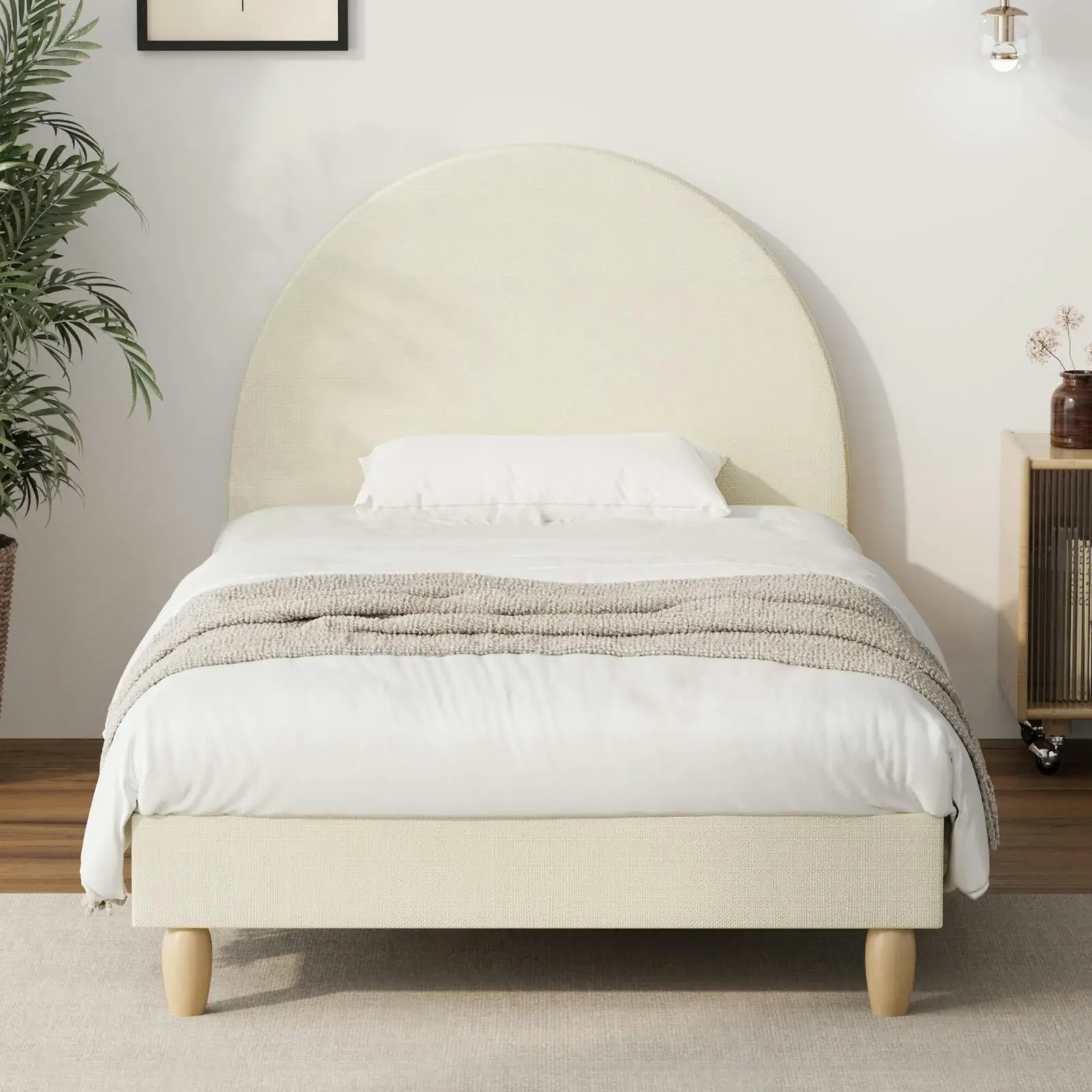 Oikiture Bed Frame Single Size Beige Fabric Arched Beds Platform