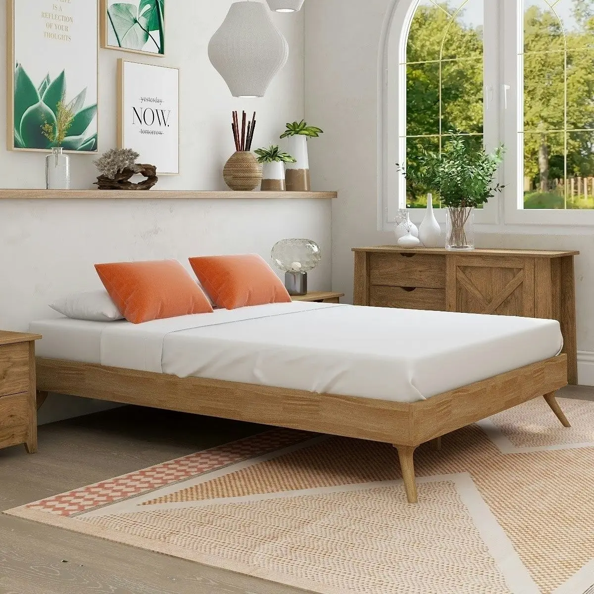 Natural Oak Ensemble Bed Frame Wooden Slat