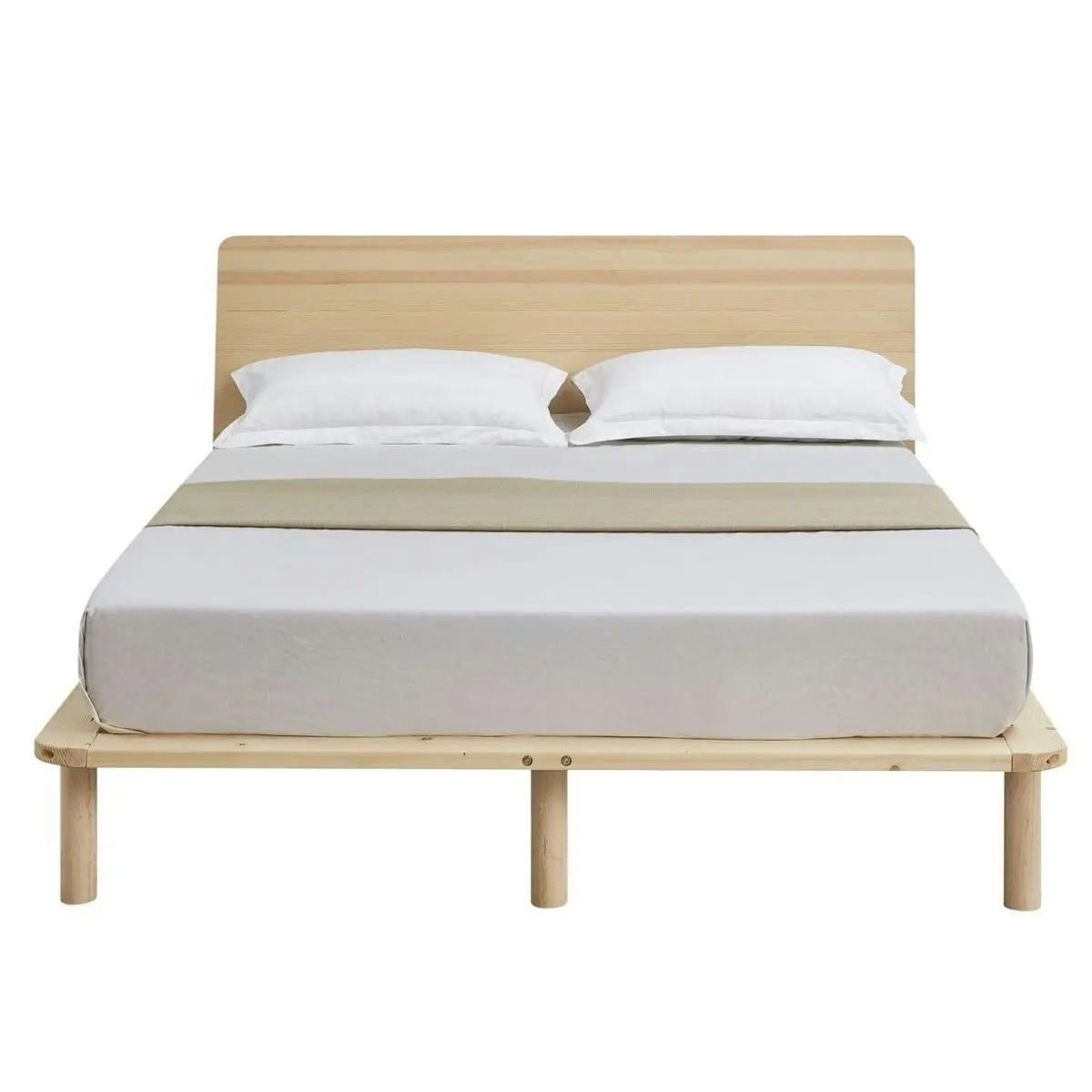 Natural Solid Wood Bed Frame Bed Base with Headboard