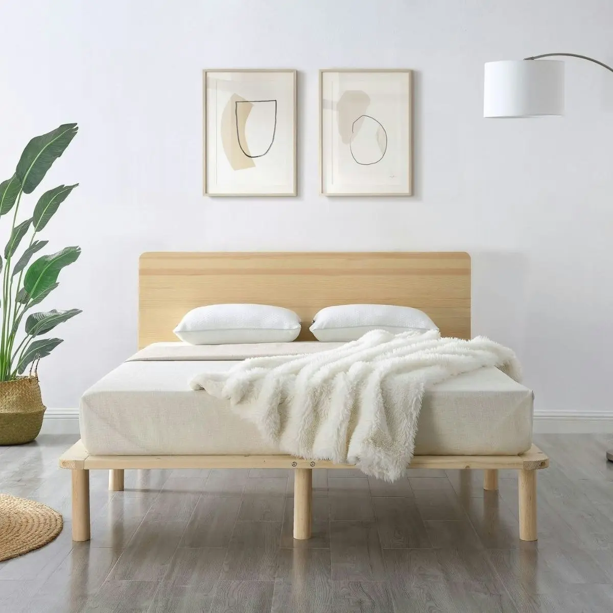 Natural Solid Wood Bed Frame Bed Base with Headboard