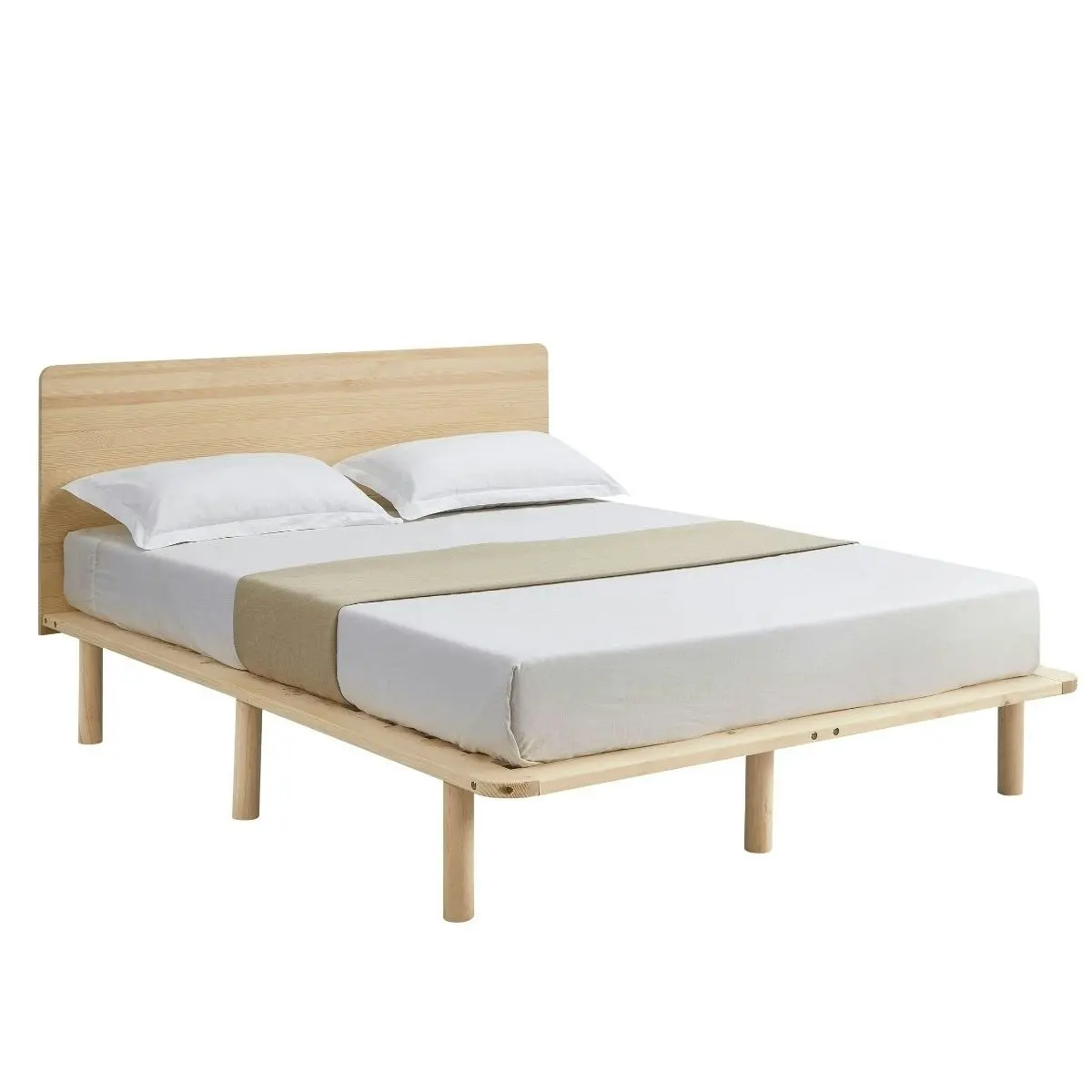 Natural Solid Wood Bed Frame Bed Base with Headboard