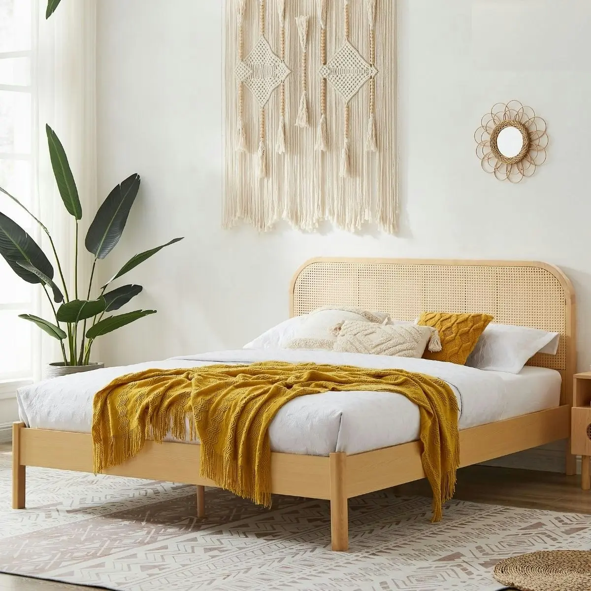 Lulu Bed Frame with Curved Rattan Bedhead