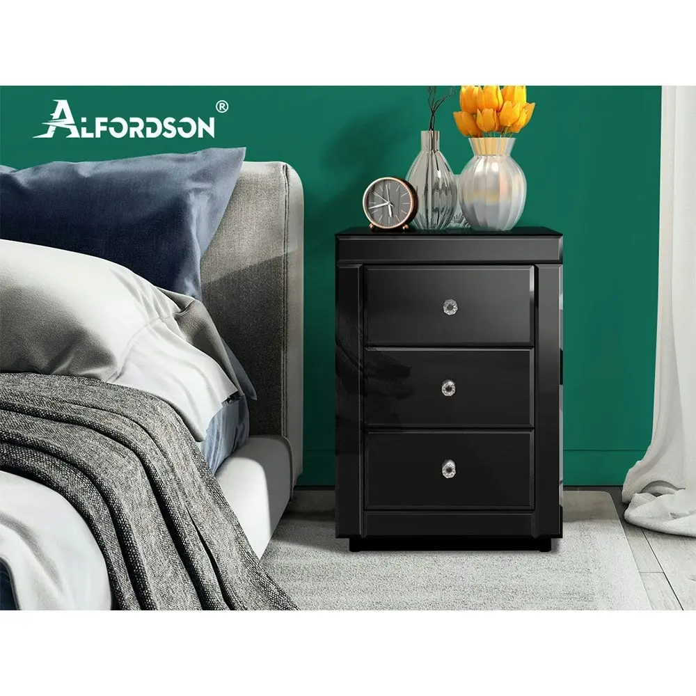 Alfordson 2x Bedside Table Mirrored Black