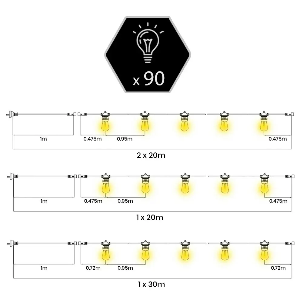 Groverdi Festoon Lights Outdoor 90m Led String Lighting Party IP65 Waterproof