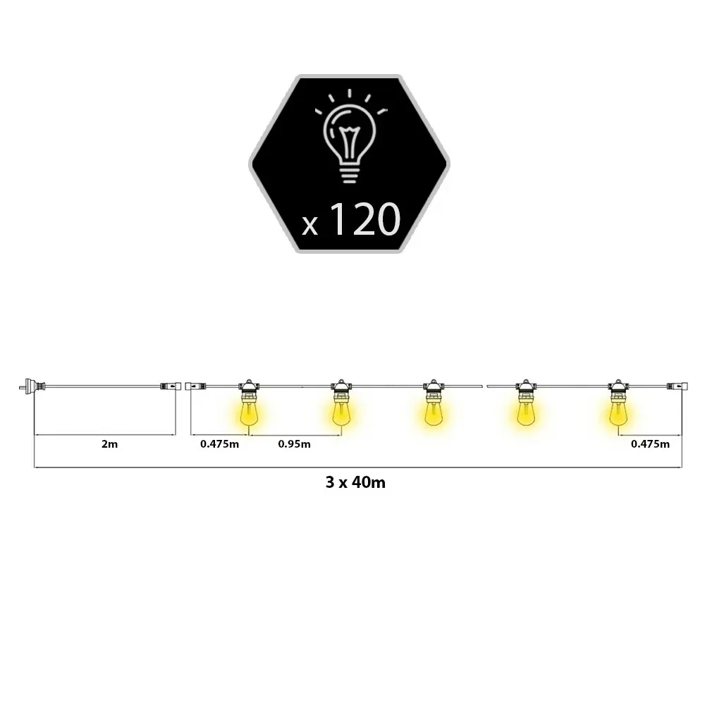 Groverdi 120m Led Festoon String Lights Outdoor Party Wedding IP65 Waterproof