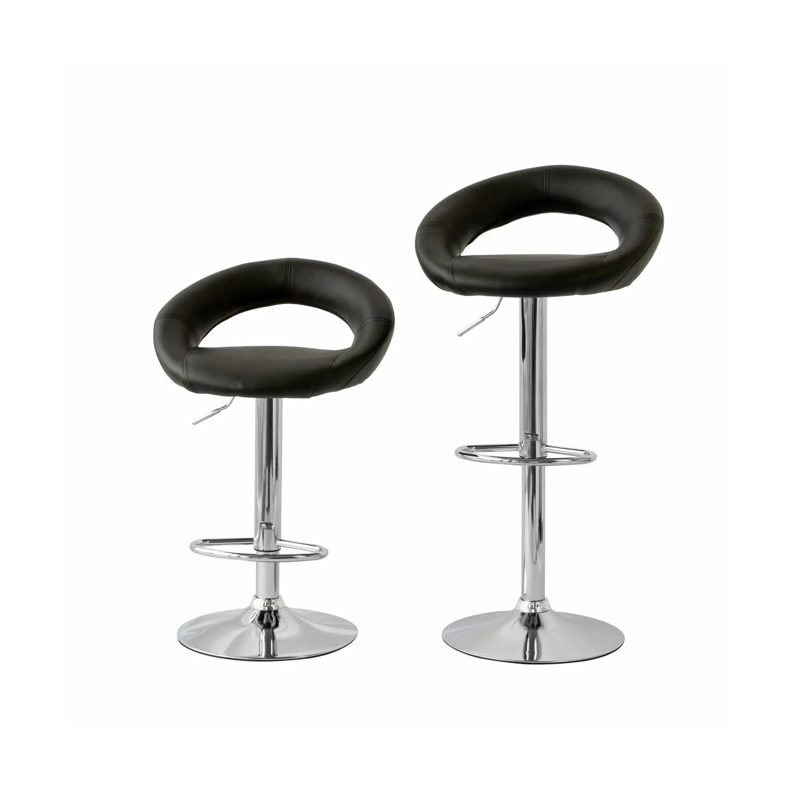 2 Curve Leather Barstools (Black) w/ Adjustable Height, 78-99cm