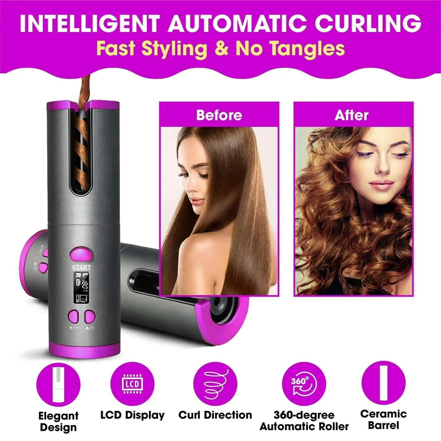 Cordless Ceramic Automatic Hair Curler for Portable Hair Styling