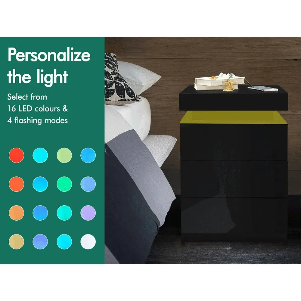 Alfordson Bedside Table LED Black Gloss