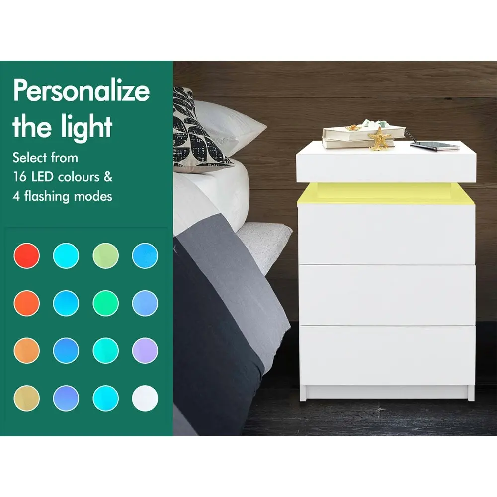 Alfordson Bedside Table LED White Gloss