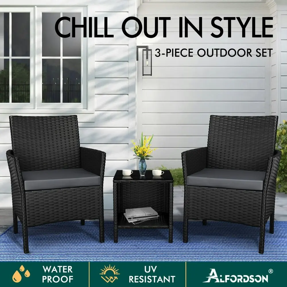 Alfordson Outdoor Furniture 3PCS Bistro Wicker Set Black