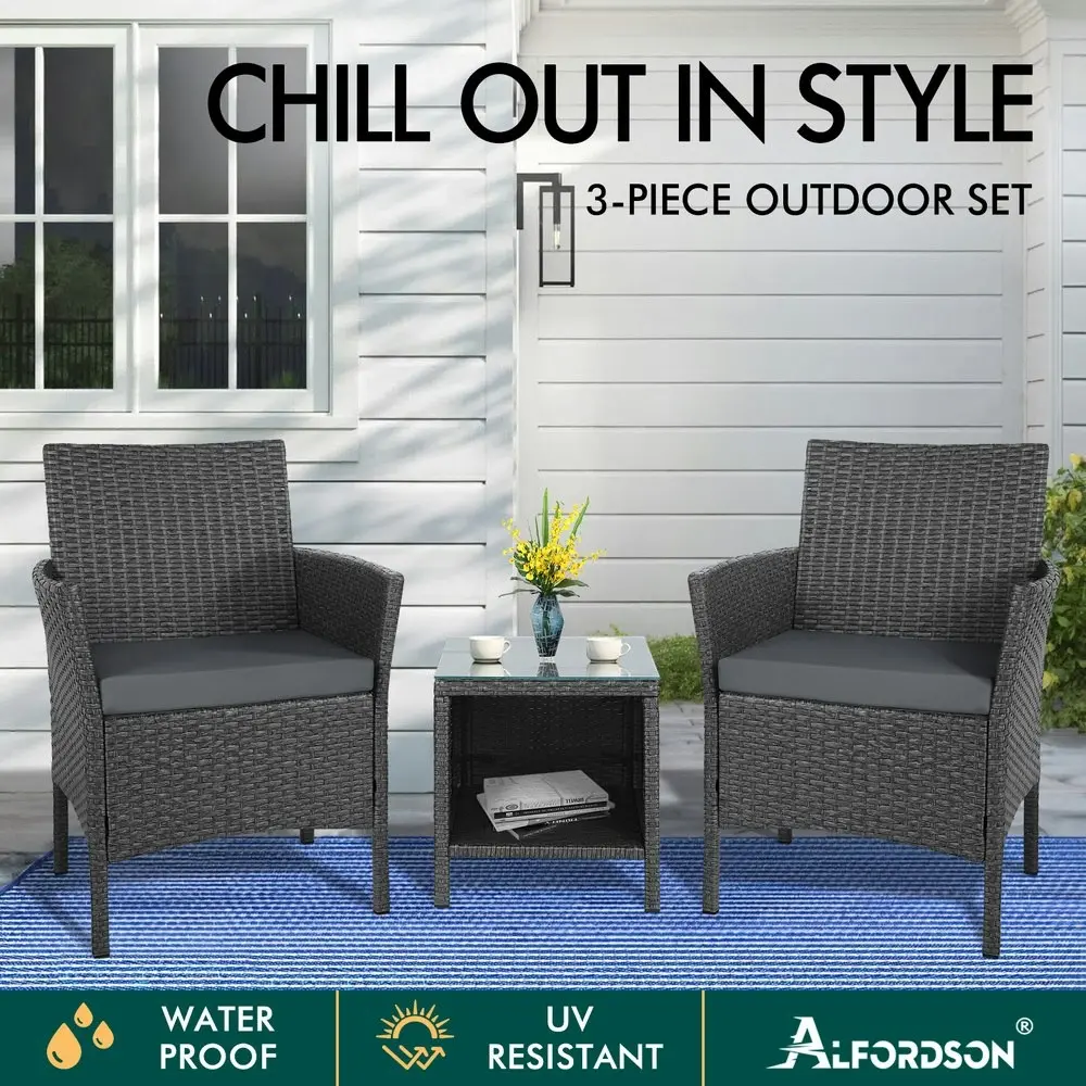 Alfordson Outdoor Furniture 3PCS Bistro Wicker Set Dark Grey