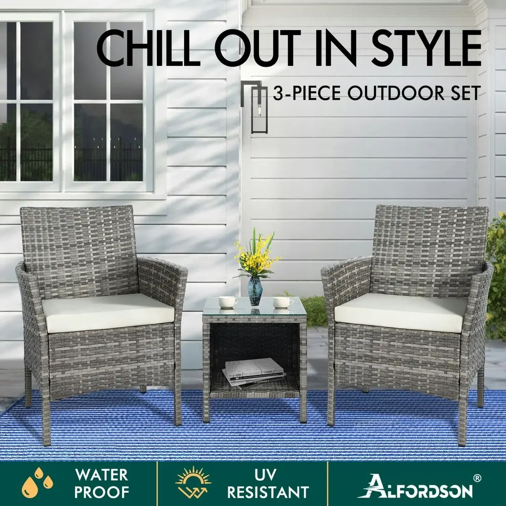 Alfordson Outdoor Furniture 3PCS Bistro Wicker Set Grey