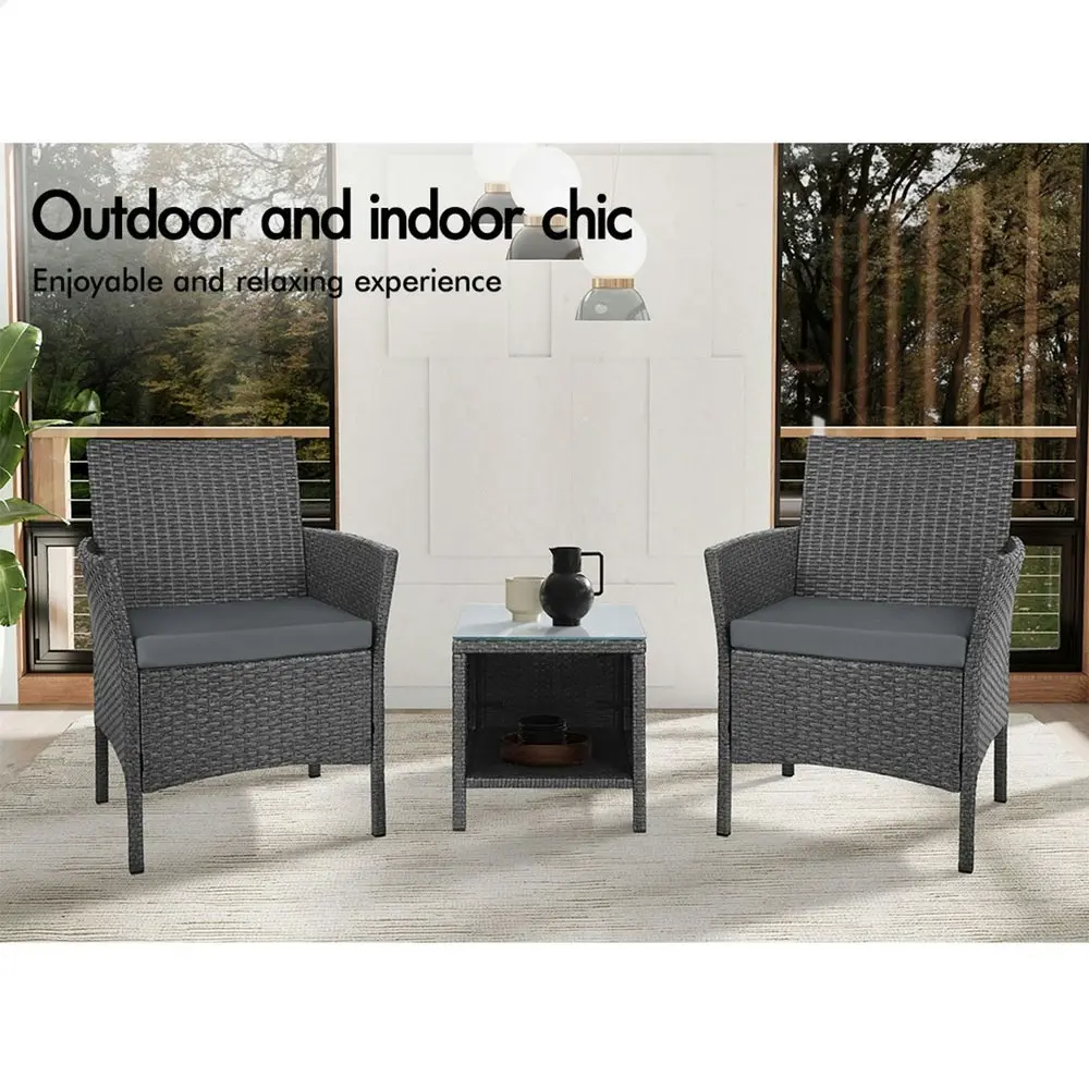 Alfordson Outdoor Furniture 3PCS Bistro Wicker Set Pillows Dark Grey