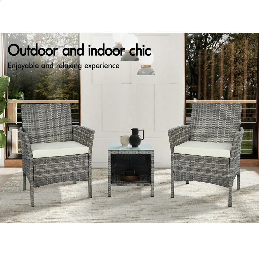 Alfordson Outdoor Furniture 3PCS Bistro Wicker Set Pillows Grey