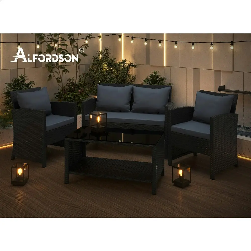 Alfordson Outdoor Furniture 4PCS Patio Wicker Set Pillows Black