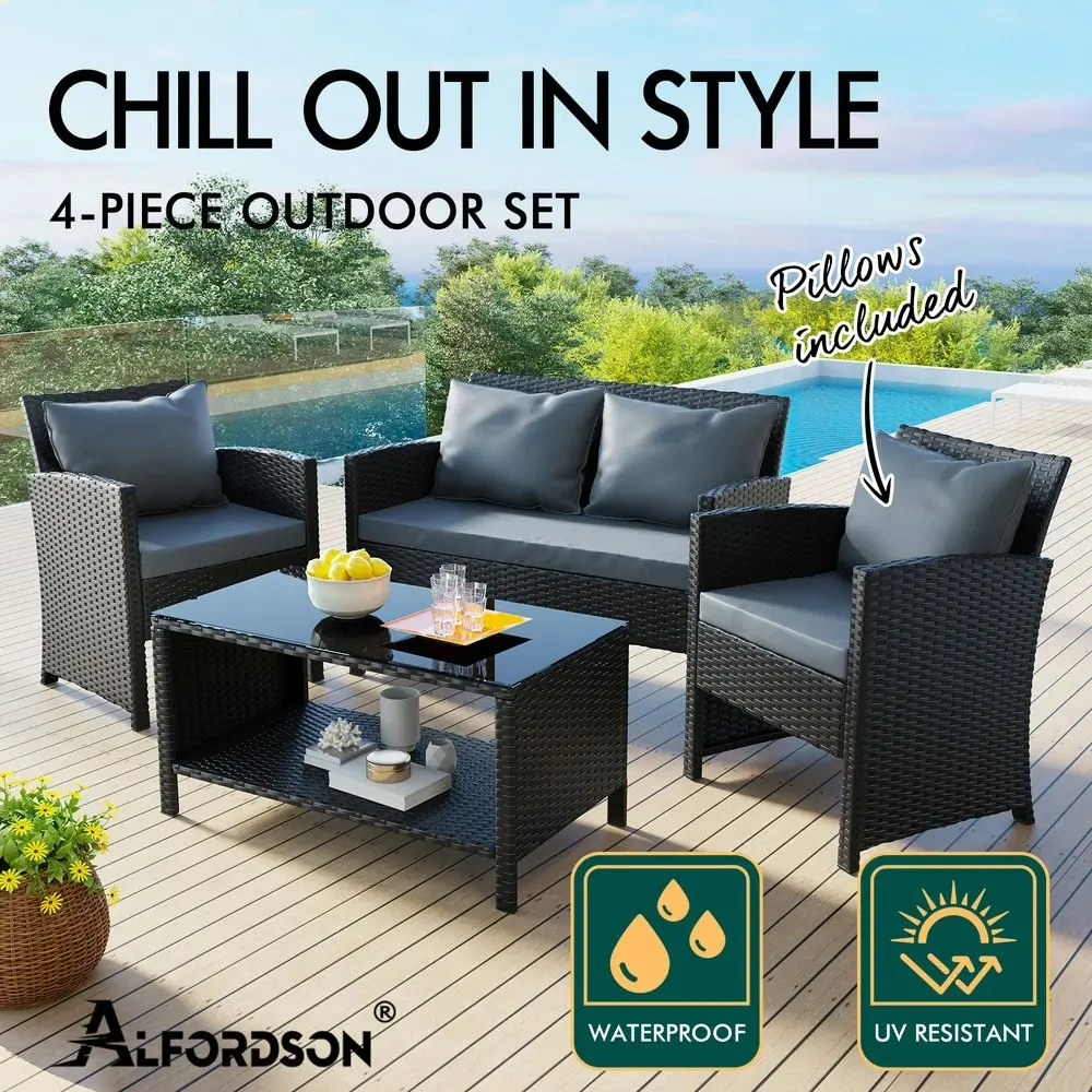 Alfordson Outdoor Furniture 4PCS Patio Wicker Set Pillows Black